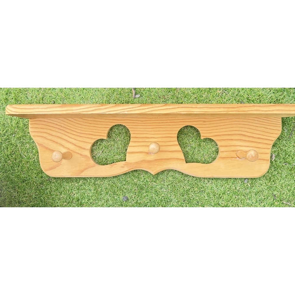 Vintage Cottagecore Solid Wood Wall Shelf Rack 3 Hooks 2 Heart Shaped Decor 22"‎